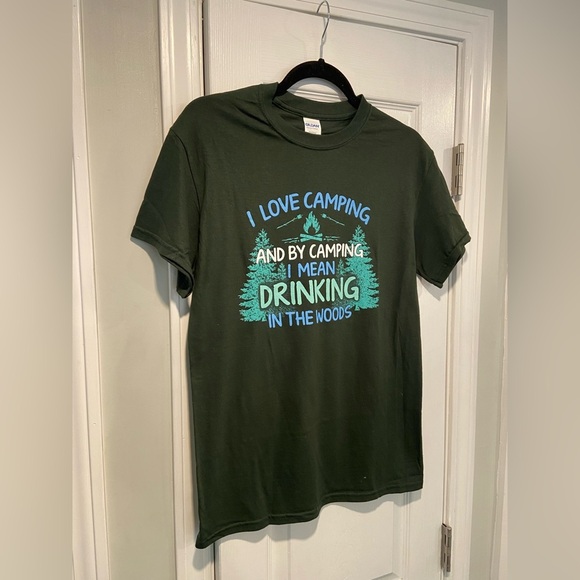 NWOT Green Size L Graphic Print Tee Shirt Love Camping Drinking Woods Funny - Picture 3 of 11